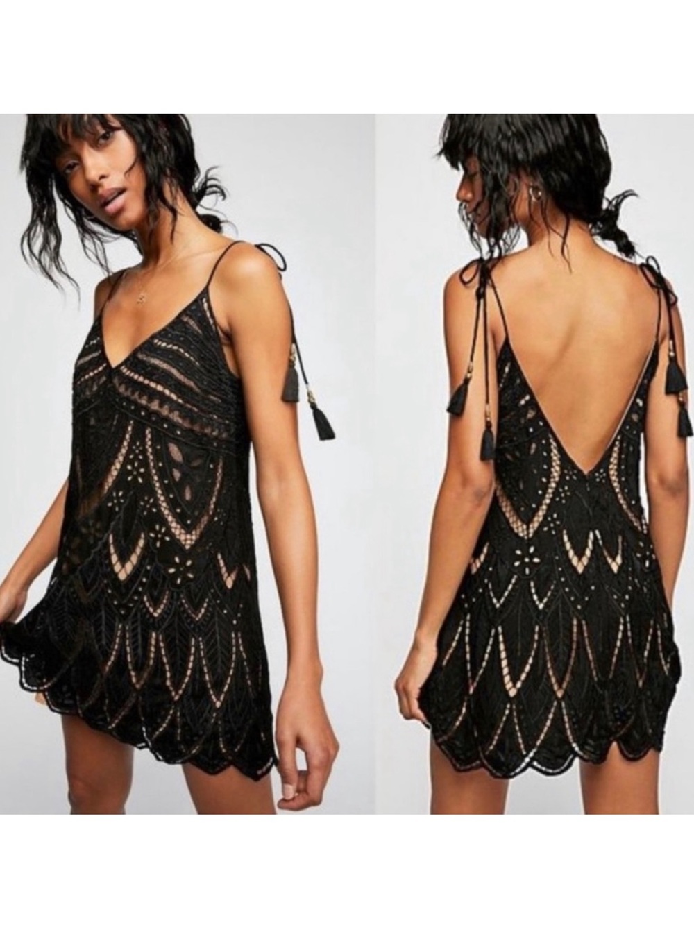 Free People Black & Tan Cutout Lace PYT Mini Deep Back Dress